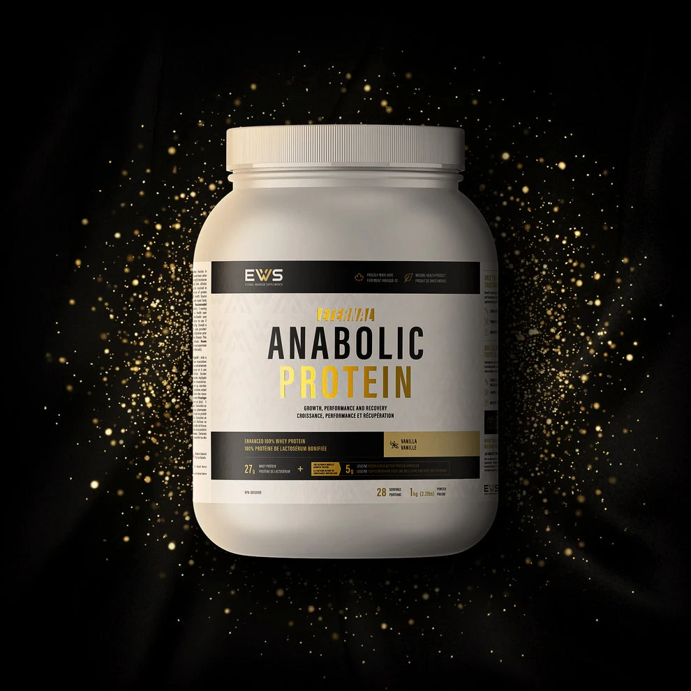 Pot Anabolic Protein, saveur vanille, format 1 kg, visuel officiel Eternal Warrior Supplements.