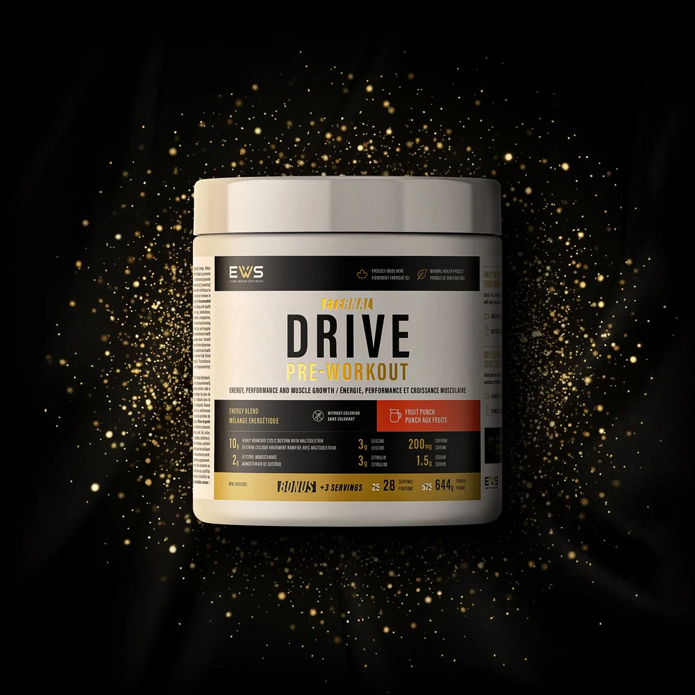 Pot Eternal Drive Pre-Workout, saveur punch aux fruits, visuel fourni par Benoit.