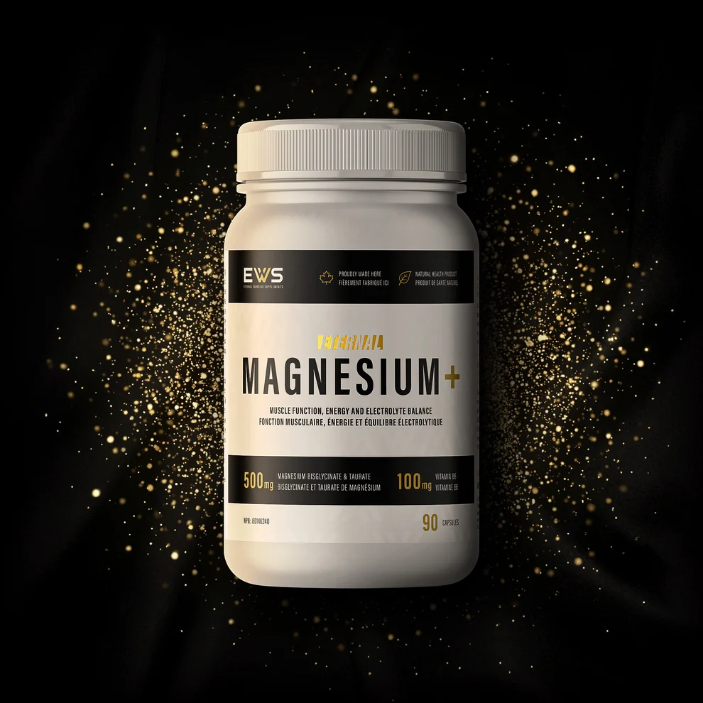Pot Eternal Magnesium+ de 90 capsules sur fond noir et doré, visuel fourni par Benoit.