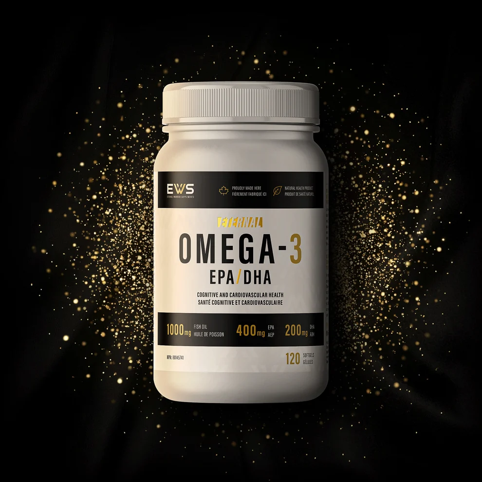 Supplément Eternal Omega-3 EPA/DHA sur fond noir et doré.